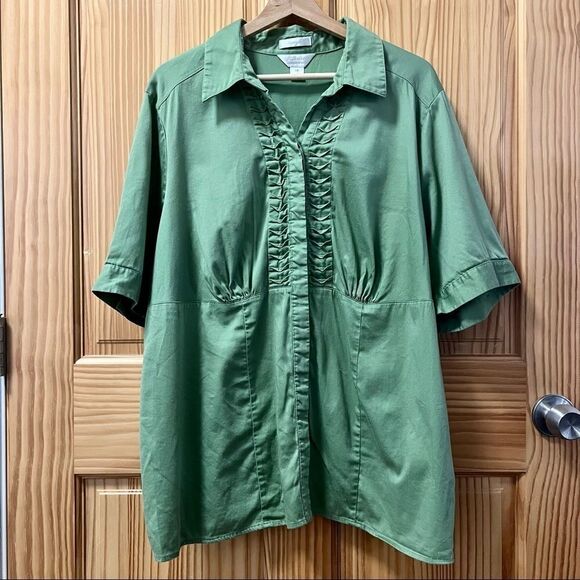 CJ Banks Christopher Banks green stretch short sleeve gathered bodice shirt 3X - Picture 1 of 6